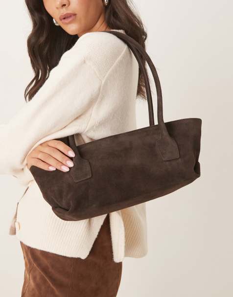 ASOS DESIGN – Chokladbrun, avlång toteväska i mocka - view 1