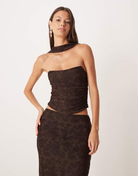ASOS DESIGN – Chokladbrun, blommig bandeau-topp med sjal i devoré, del av set - view 1