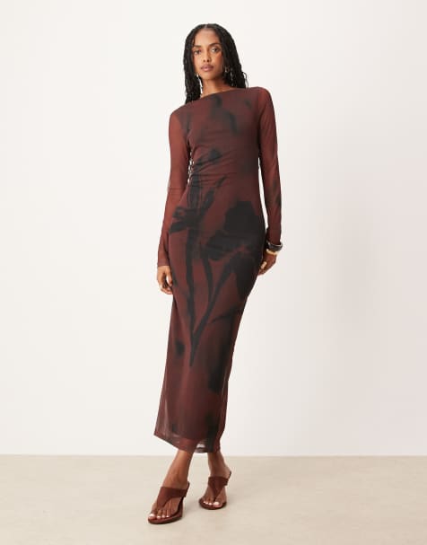 ASOS DESIGN – Chokladbrun, blommig midiklänning i mesh med långa ärmar - view 1