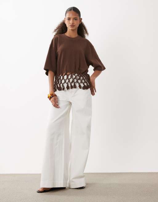 ASOS DESIGN – Chokladbrun, boxig t-shirt med makraméfåll, 2 av 4