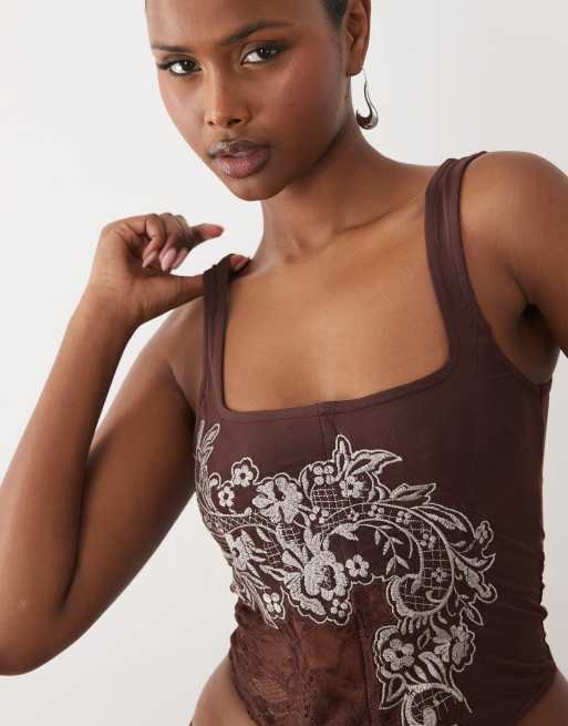ASOS DESIGN – Chokladbrun, broderad korsett-topp i mesh, del av set, 4 av 4