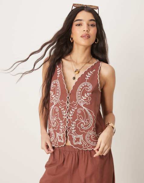 ASOS DESIGN – Chokladbrun, broderad kostymväst i linneblandning med uddkant, del av set - view 1