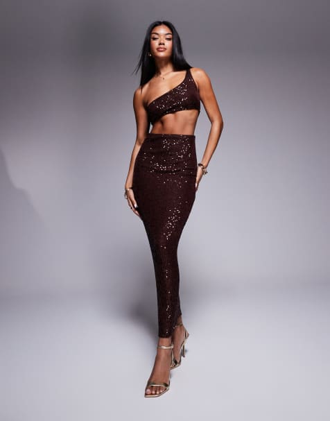ASOS DESIGN – Chokladbrun, enaxlad midiklänning med paljetter och utskuret parti - view 1