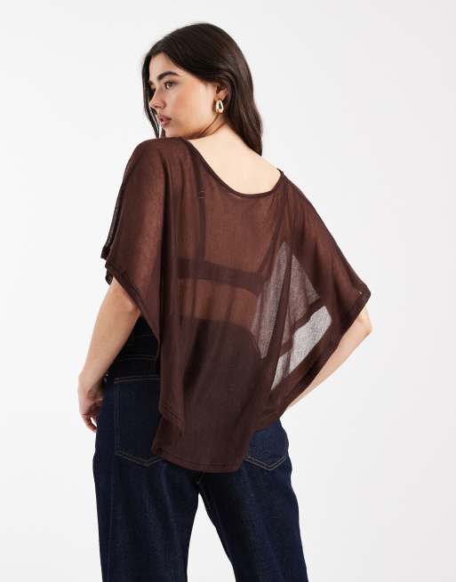 ASOS DESIGN – Chokladbrun, halvskir topp med stickad stil, rak halsringning och cape, 4 av 4