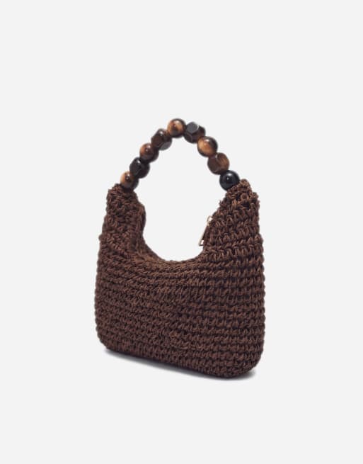 ASOS DESIGN – Chokladbrun handväska i strå med kulor i harts, 6 av 7