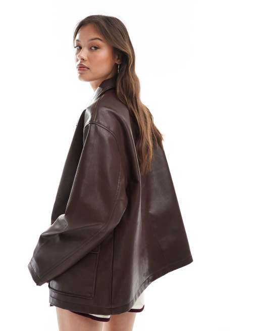 ASOS DESIGN – Chokladbrun harrington-jacka i läderlook, 4 av 4