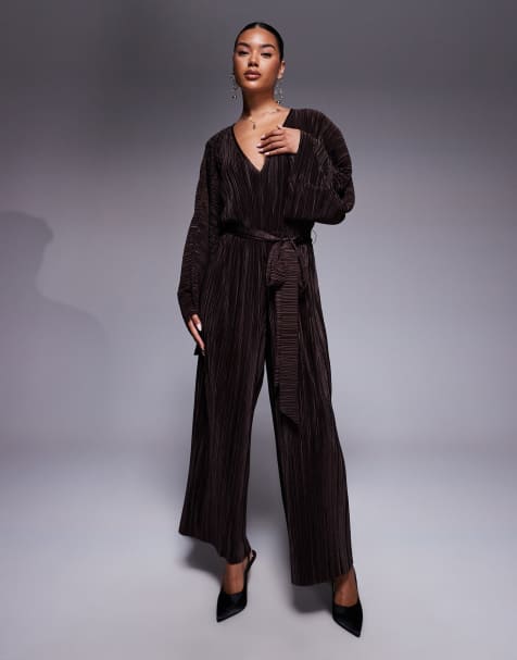ASOS DESIGN – Chokladbrun jumpsuit med veck, v-ringning, knytmidja och vida ben - view 1