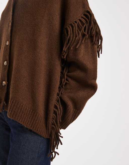ASOS DESIGN – Chokladbrun kofta i boyfriend-modell med fransar, 3 av 4