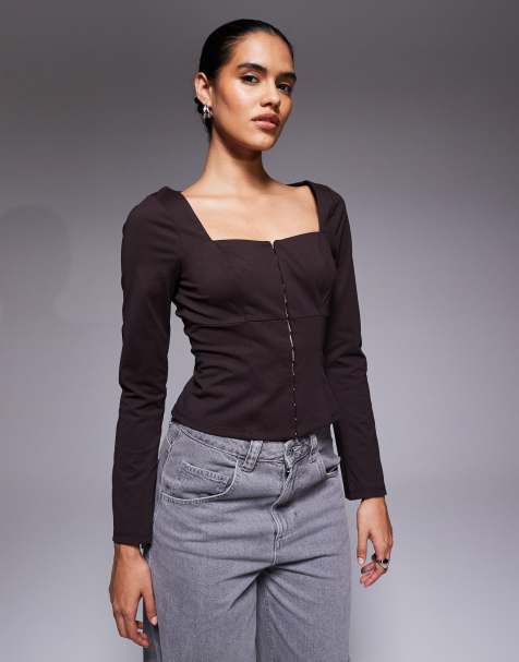 ASOS DESIGN – Chokladbrun korsettopp med fyrkantig halsringning och långa ärmar - view 1