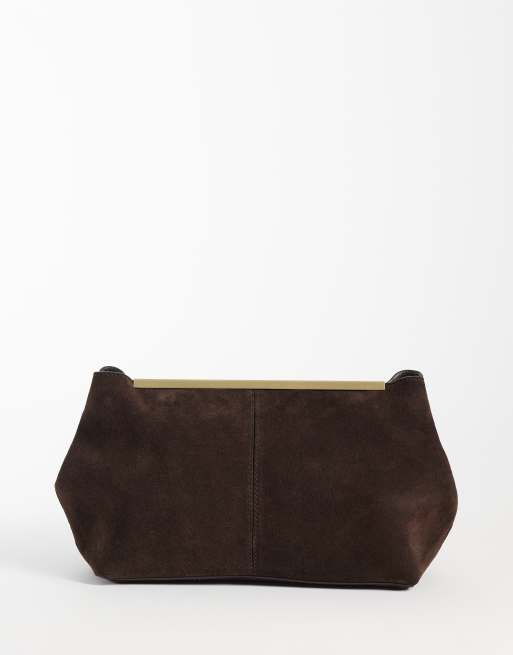 ASOS DESIGN – Chokladbrun kuvertväska i mocka med metallram, 5 av 5