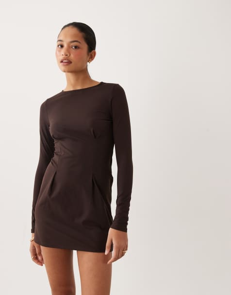 ASOS DESIGN – Chokladbrun, långärmad miniklänning med dekorativ söm - view 1