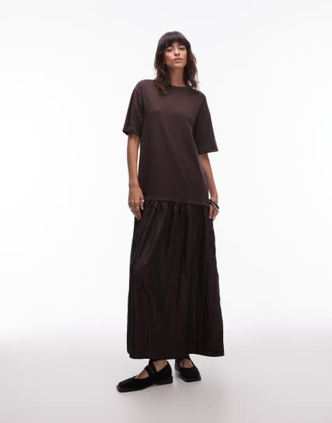 ASOS DESIGN – Chokladbrun maxiklänning i hybridstil och oversized fit med korta ärmar och sänkt midja - view 1
