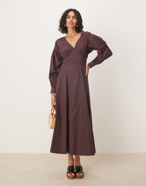 ASOS DESIGN – Chokladbrun maxiklänning i poplin med långa ärmar och v-ringning - view 1