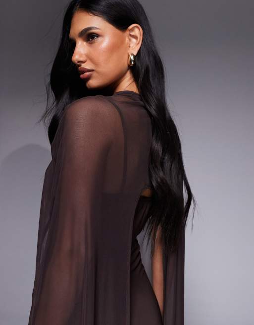 ASOS DESIGN – Chokladbrun maxiklänning med lång cape, 3 av 4