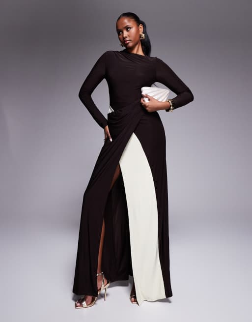 ASOS DESIGN – Chokladbrun maxiklänning med långa ärmar och kontrastfärgad sarongdetalj, 3 av 4