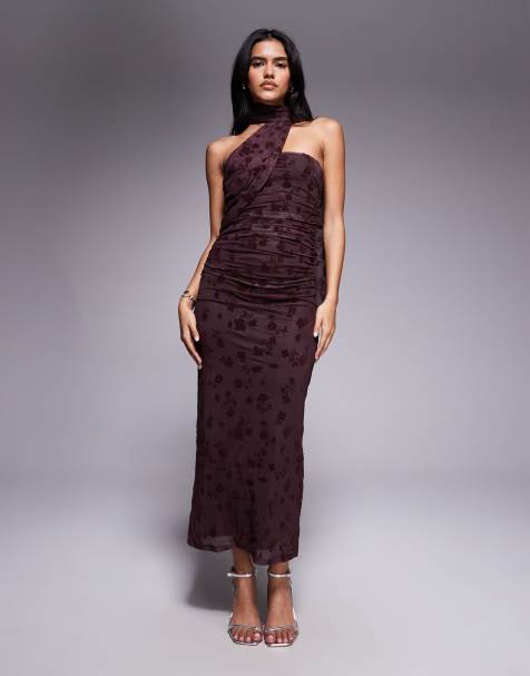 ASOS DESIGN – Chokladbrun maxiklänning med scarfdetalj och bandeauringning - view 1