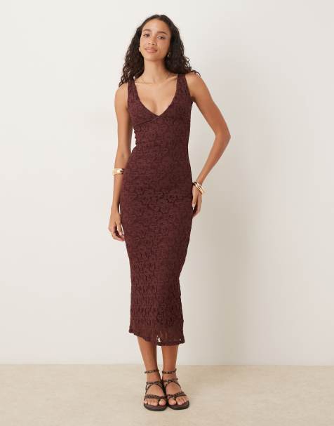 ASOS DESIGN – Chokladbrun maxiklänning med v-ringning i spets - view 1