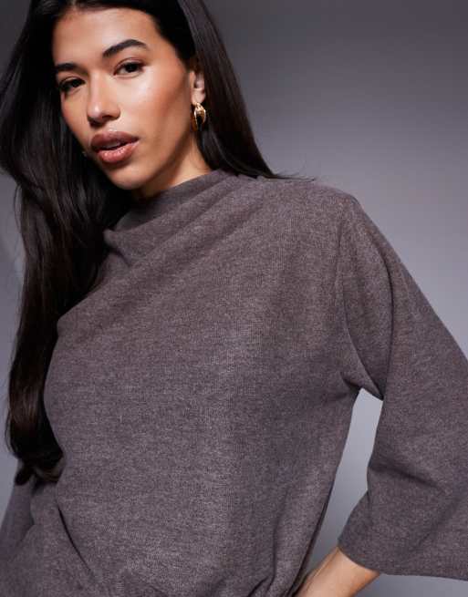 ASOS DESIGN – Chokladbrun, melerad, supermjuk miniklänning med blusärmar och hög, asymmetrisk ringning, 4 av 4