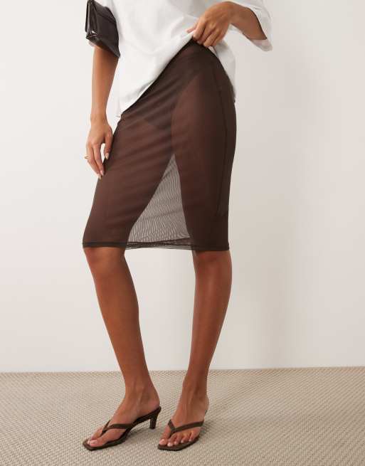 ASOS DESIGN – Chokladbrun midikjol i skir mesh, 2 av 5