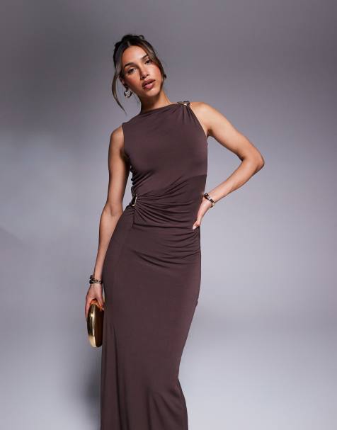 ASOS DESIGN – Chokladbrun midiklänning med metalldetalj - view 1