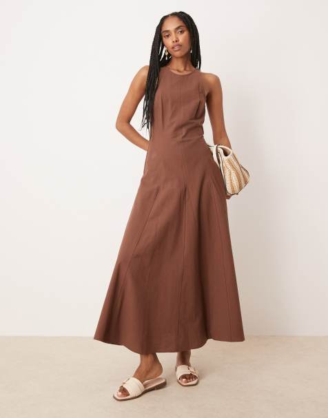 ASOS DESIGN – Chokladbrun midiklänning med rak ringning och dekorativ söm - view 1