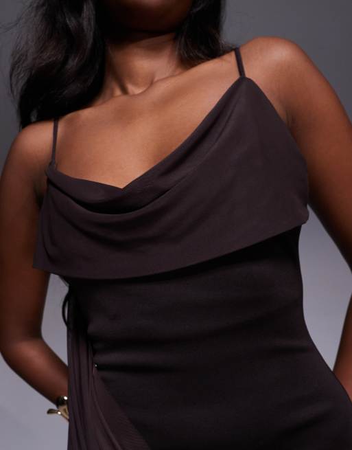 ASOS DESIGN – Chokladbrun miniklänning i scubaliknande material och draperad mesh, 2 av 4