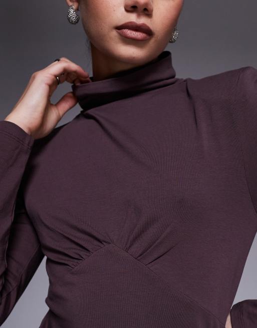 ASOS DESIGN – Chokladbrun miniklänning med långa ärmar, hög krage och design under bysten, 4 av 4