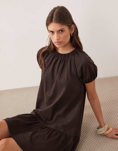 ASOS DESIGN – Chokladbrun miniklänning med puffärmar och indragna detaljer - view 1