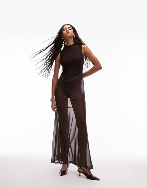 ASOS DESIGN – Chokladbrun miniklänning med skira mesh-lager och hög ringning, 3 av 4