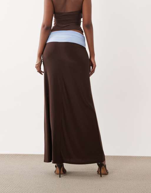 ASOS DESIGN – Chokladbrun, mjuk maxikjol med kontrastfärgad midja, del av set, 3 av 5