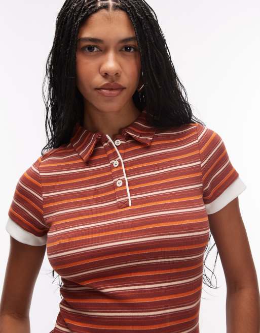ASOS DESIGN – Chokladbrun och orange, randig pikétröja med korta ärmar och krage, 3 av 4