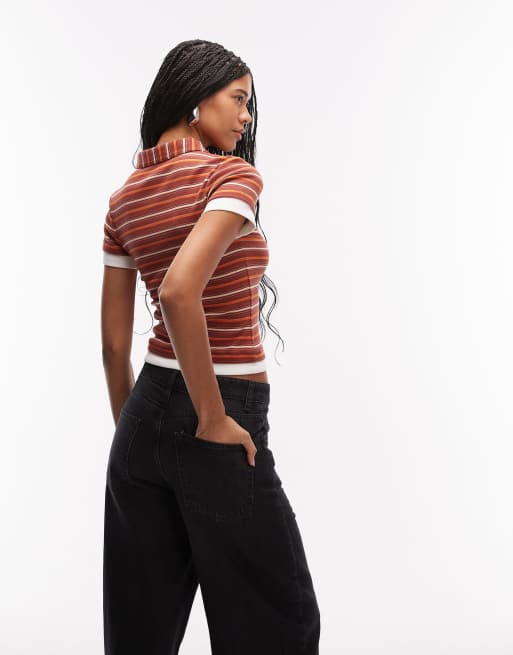 ASOS DESIGN – Chokladbrun och orange, randig pikétröja med korta ärmar och krage, 4 av 4