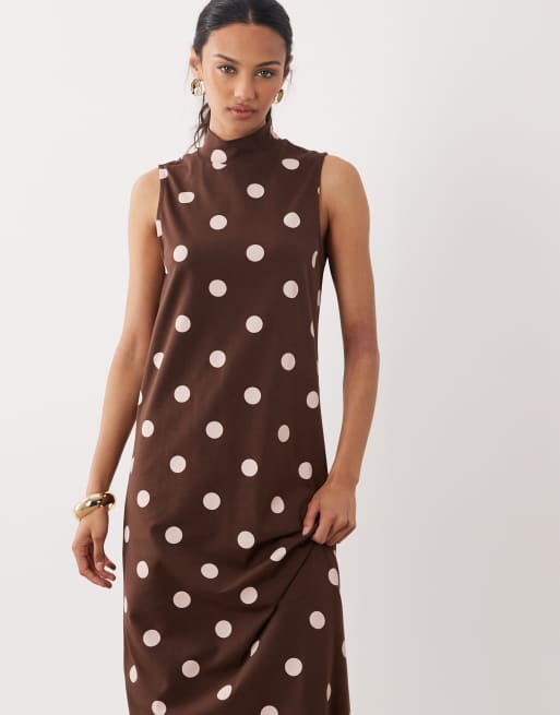 ASOS DESIGN – Chokladbrun och rosa, prickig, ärmlös maxiklänning med ståkrage, 2 av 4
