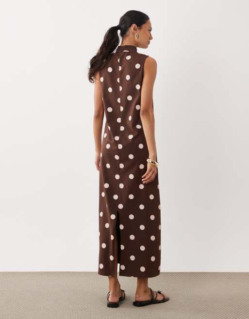 ASOS DESIGN – Chokladbrun och rosa, prickig, ärmlös maxiklänning med ståkrage, 4 av 4