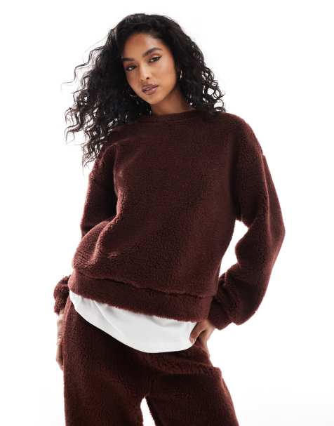 ASOS DESIGN – Chokladbrun oversize sweatshirt i teddy, del av set - view 1