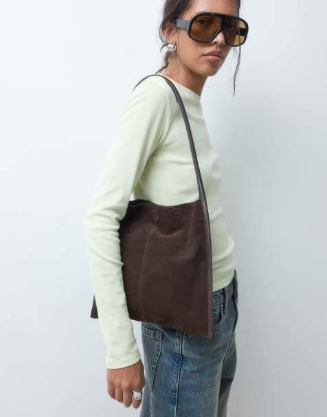 ASOS DESIGN – Chokladbrun, platt axelväska i mocka - view 1