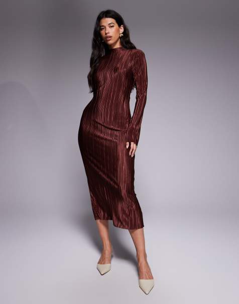 ASOS DESIGN – Chokladbrun, plisserad klänning med långa ärmar och knytning baktill - view 1