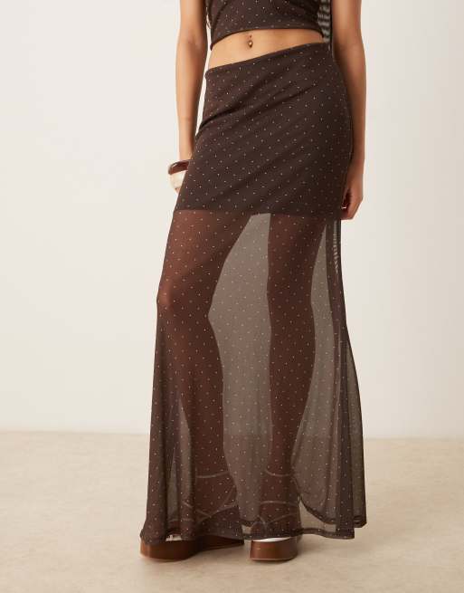 ASOS DESIGN – Chokladbrun, prickig maxikjol i mesh, del av set, 2 av 5
