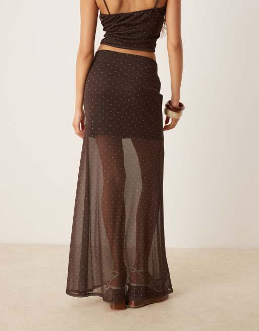 ASOS DESIGN – Chokladbrun, prickig maxikjol i mesh, del av set, 4 av 5