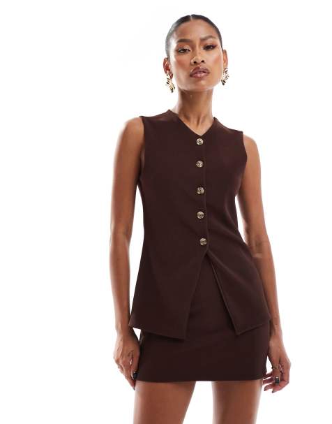 ASOS DESIGN – Chokladbrun, ribbad och lång kostymväst med knäppning och v-ringning, del av set - view 1