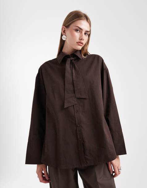 ASOS DESIGN – Chokladbrun skjorta i oversize med knytning vid halsen - view 1