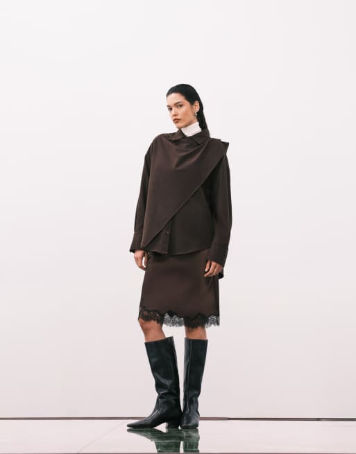 ASOS DESIGN – Chokladbrun skjorta i oversize med sjal och omlottdesign, 2 av 4