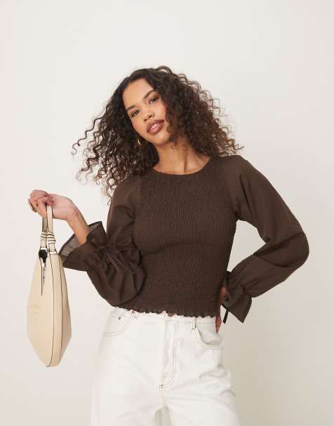 ASOS DESIGN – Chokladbrun, smockad blus i bomull - view 1