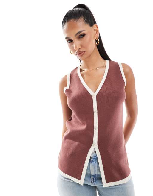 ASOS DESIGN – Chokladbrun, stickad kostymväst i lång modell med v-ringning