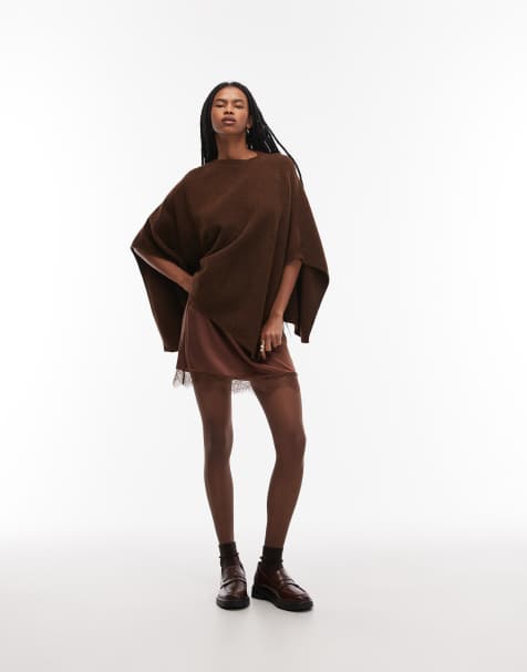 ASOS DESIGN – Chokladbrun, stickad poncho i lång modell - view 1