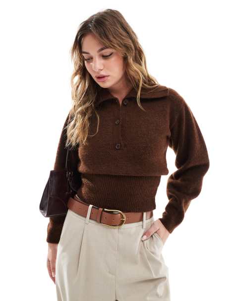 ASOS DESIGN – Chokladbrun, stickad tröja med krage - view 1
