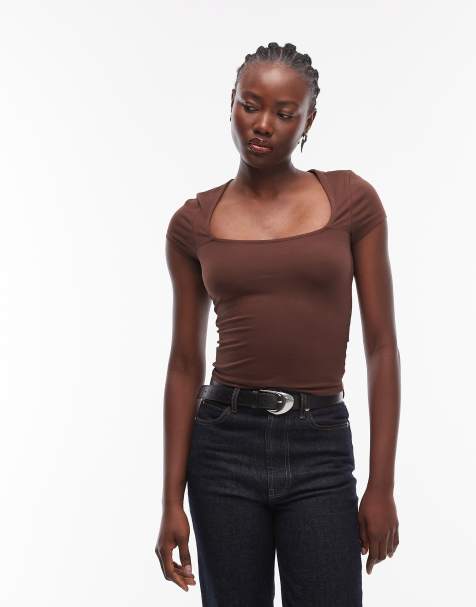 ASOS DESIGN – Chokladbrun topp i bomull med fyrkantig ringning och holkärmar - view 1