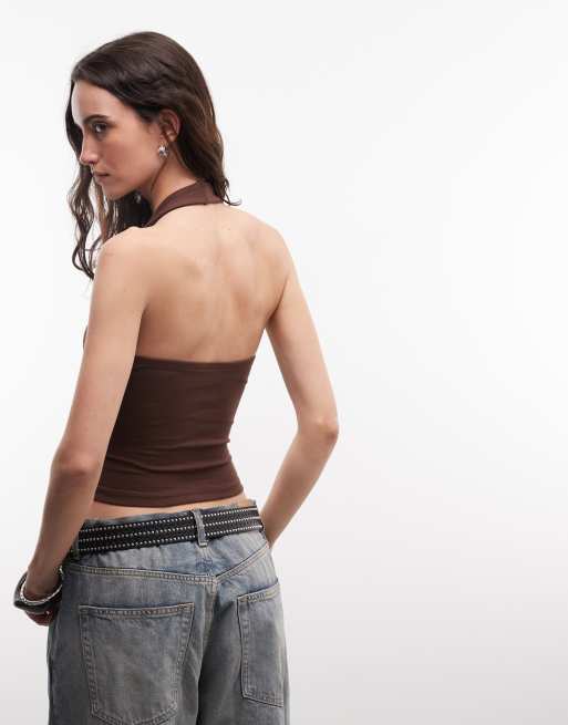 ASOS DESIGN – Chokladbrun topp i tätstickad bomull med halterneck, 2 av 4