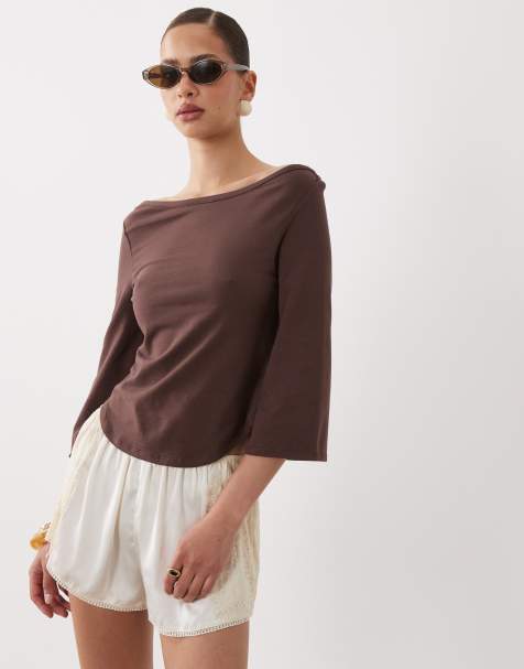 ASOS DESIGN – Chokladbrun topp med 3/4-långa ärmar och båtringning - view 1