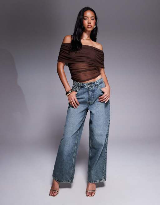ASOS DESIGN – Chokladbrun topp med bara axlar och nedvikt detalj i mesh, 2 av 4